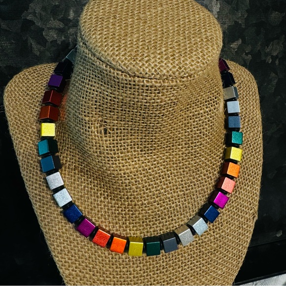 Rainbow Aluminum Collection Cubes Choker Stretch Necklace Modern Brutalist - Picture 3 of 5
